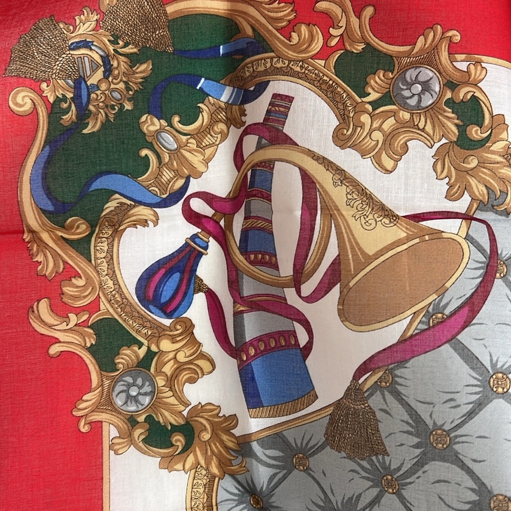 CELINE Paris  trumpet pattern Cotton Handkerchief Scarf Red and white - Picture 8 of 13
